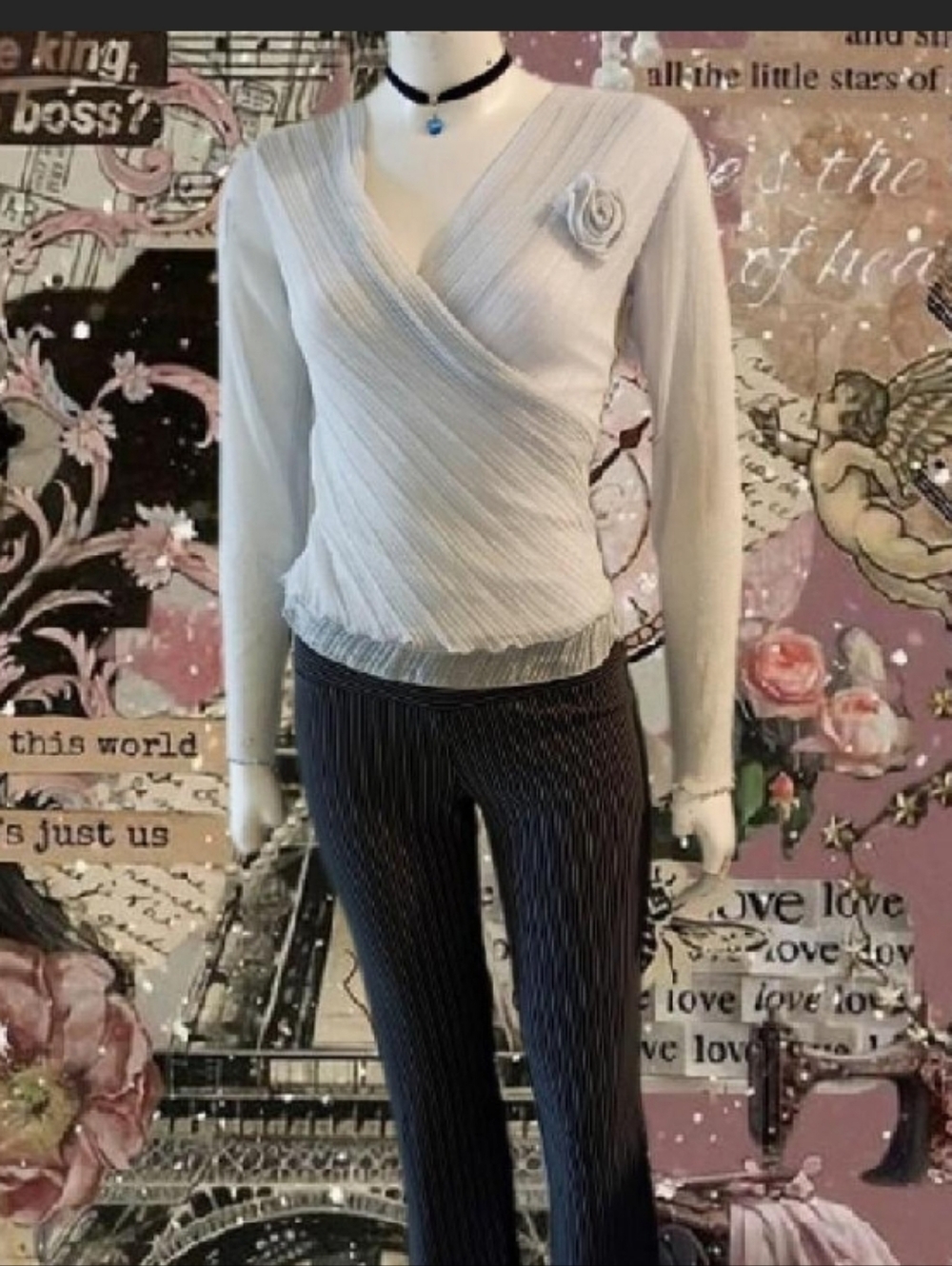 NWT Vtg Y2K She's Sz S metallic silver sheer Wrap Style Top W/ Floral Detail